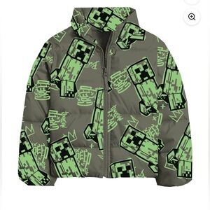 Minecraft Little and Big Boys Creeper Zip Puffer Jacket, Lightweight, Size 4/5